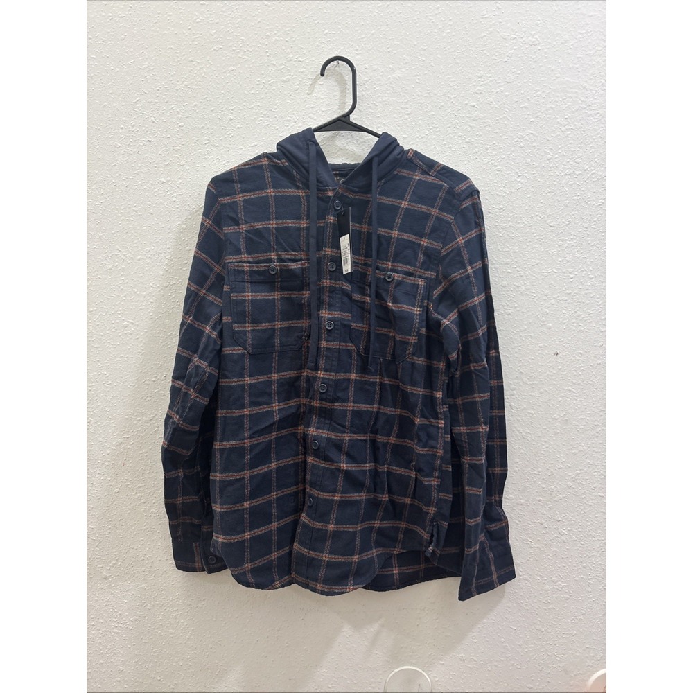 Original Use Shirt Size Small Plaid Button Up Hooded Flannel Navy Blue Cotton